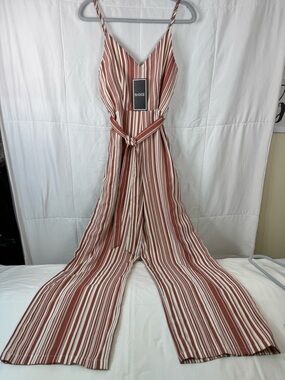 Bridge Striped Wide Leg Jumpsuit Tie Waist Halter Boho Size S NWT